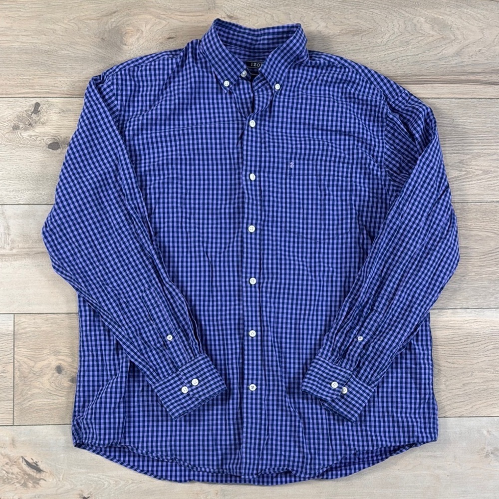 IZOD Men’s Blue and Purple Checkered Long Sleeve Plaid Button Down Shirt
